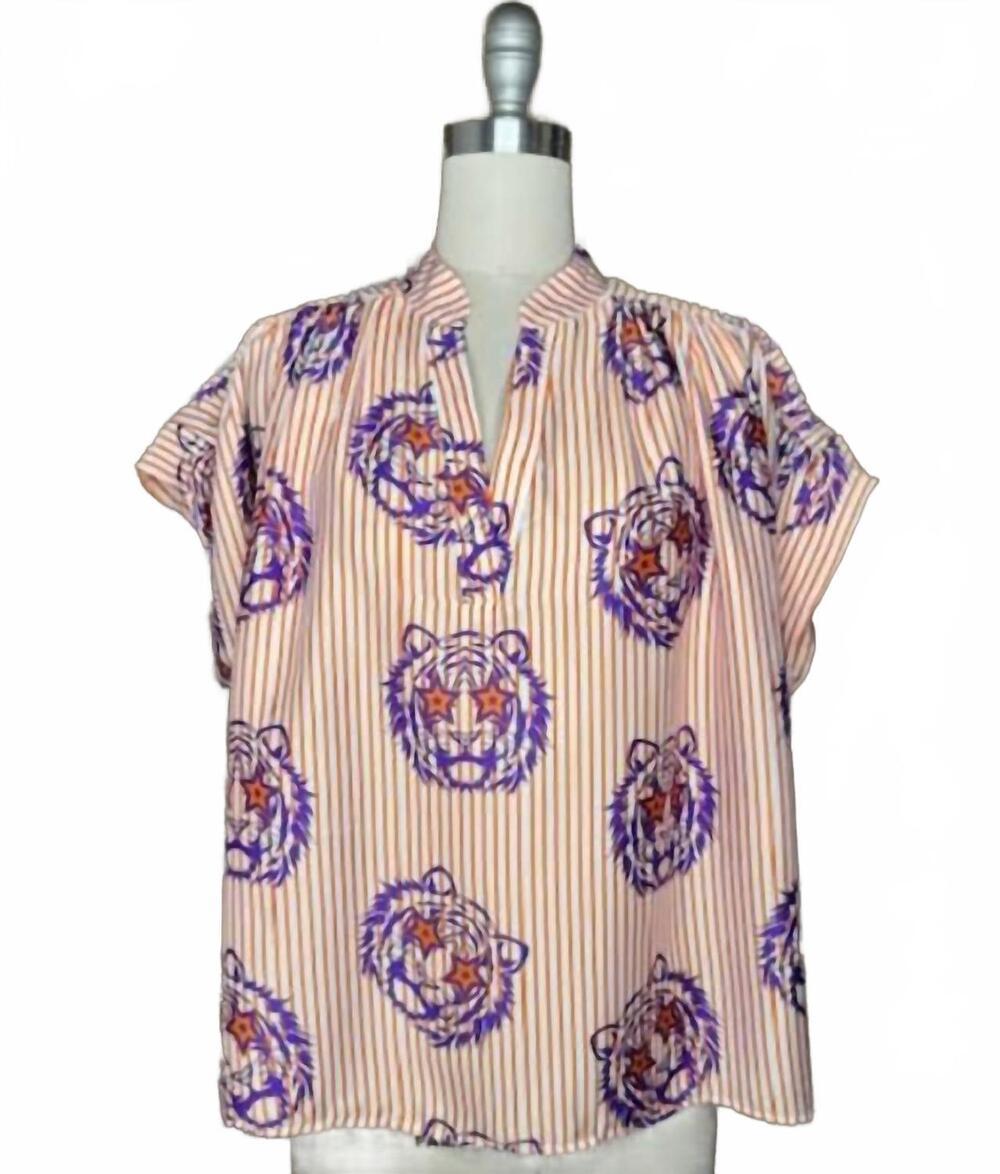 NEW ADRIENNE women's placket shirred sleeve band top in bulldogs